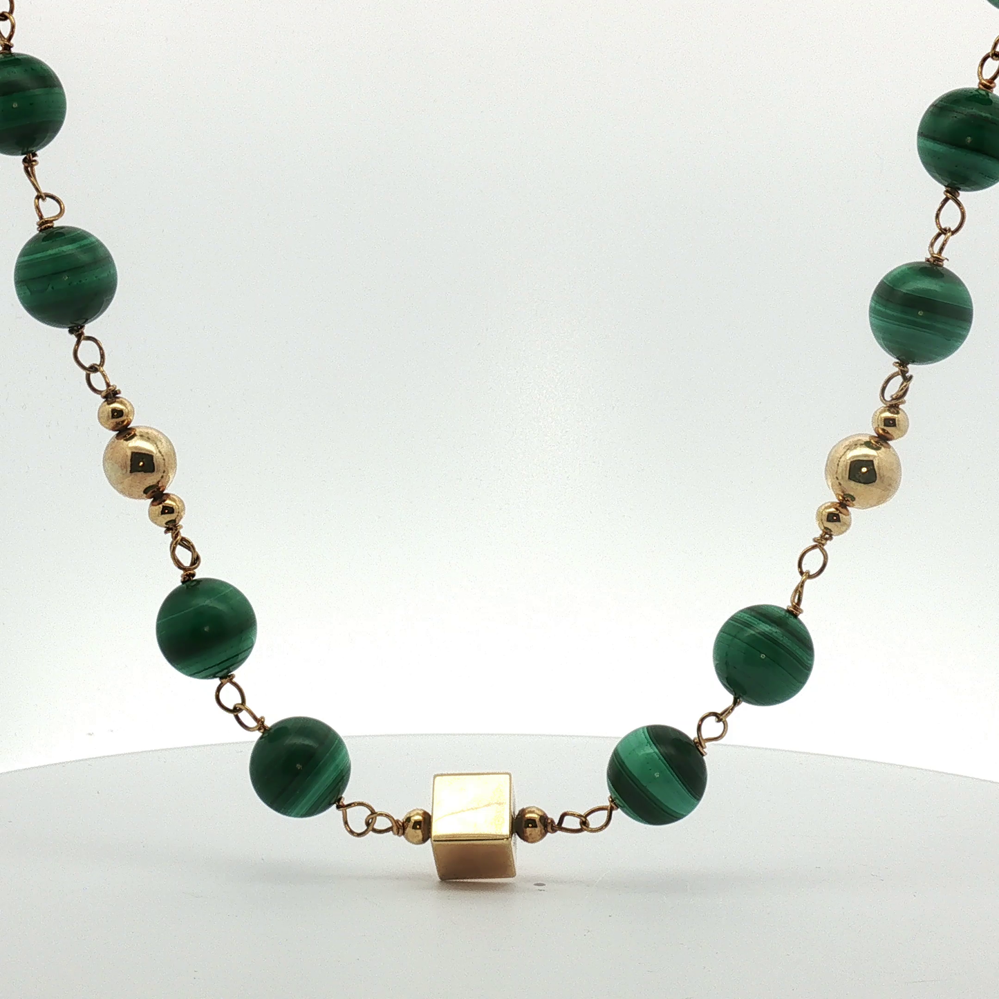 Yellow Gold Malachite Beaded Necklace with Cube Accent / ANLU-BBORE
