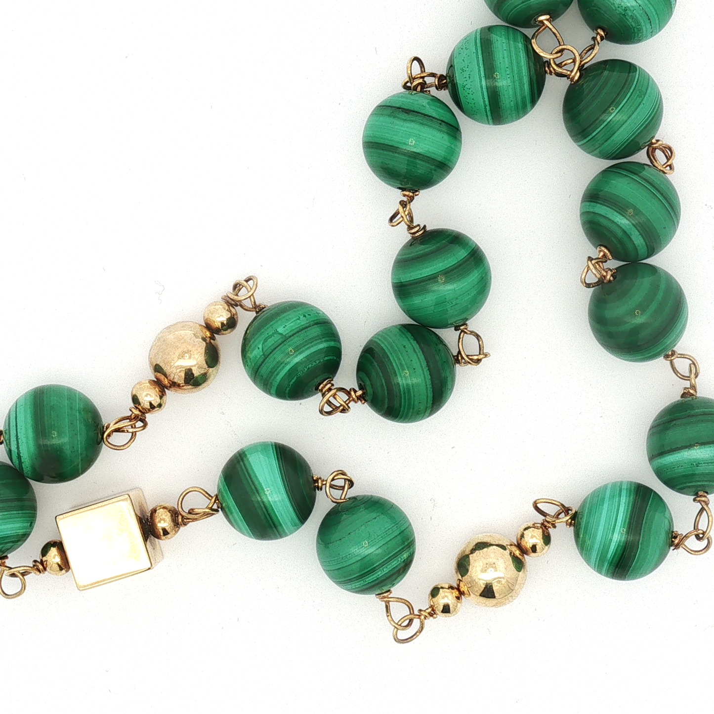 Yellow Gold Malachite Beaded Necklace with Cube Accent / ANLU-BBORE