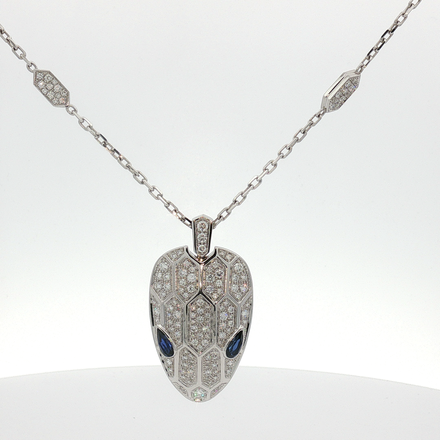 White Gold Serpent Charm Necklace with Sapphires