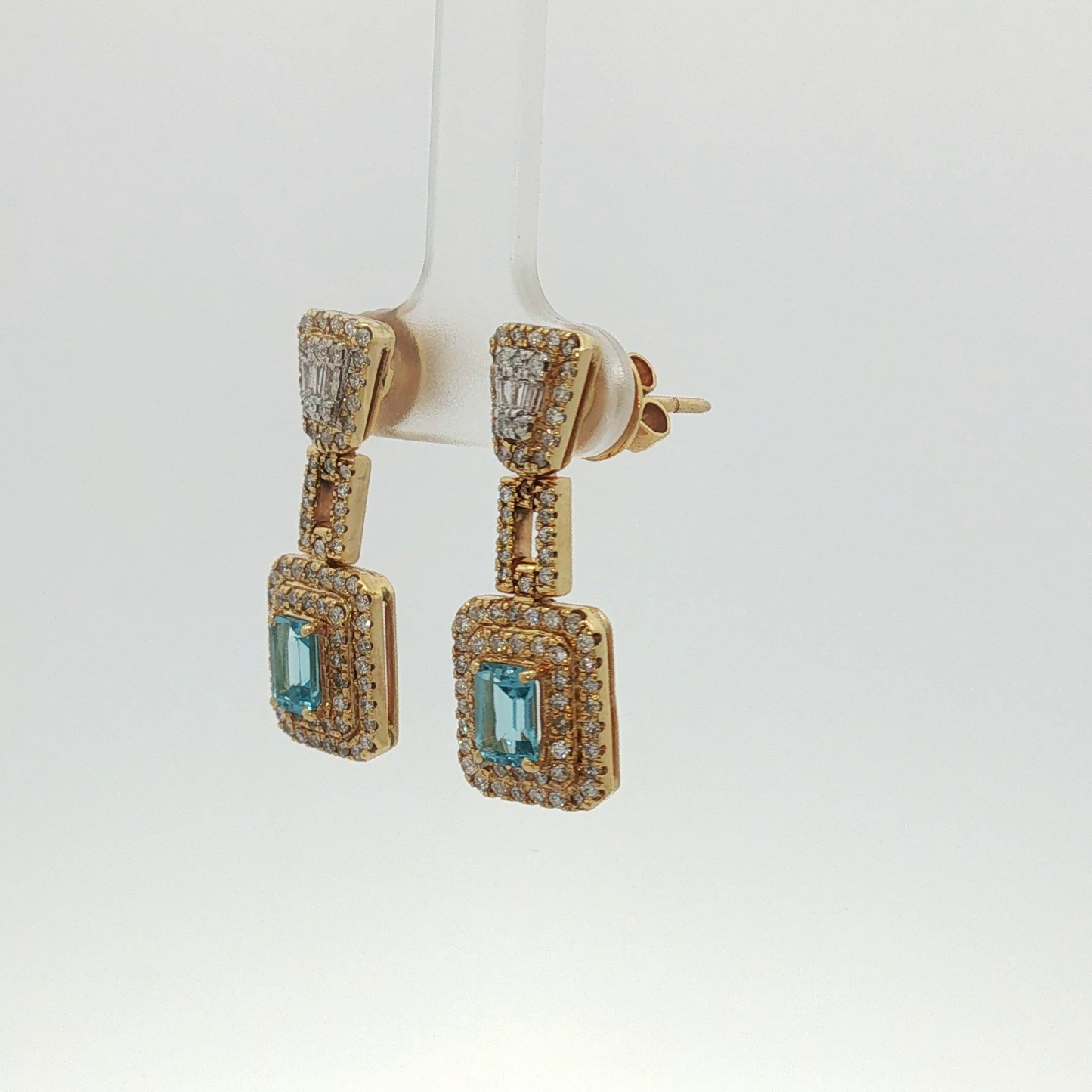 Yellow Gold Blue Topaz Double Halo Drop Earrings / ARRR-DUUDE E246362-062925
