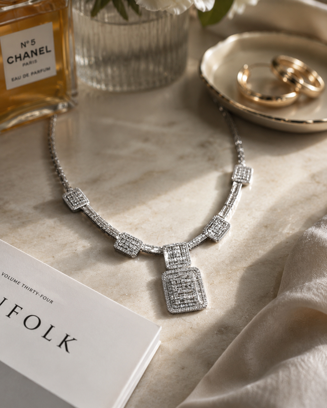 White Gold Square Station Diamond Necklace