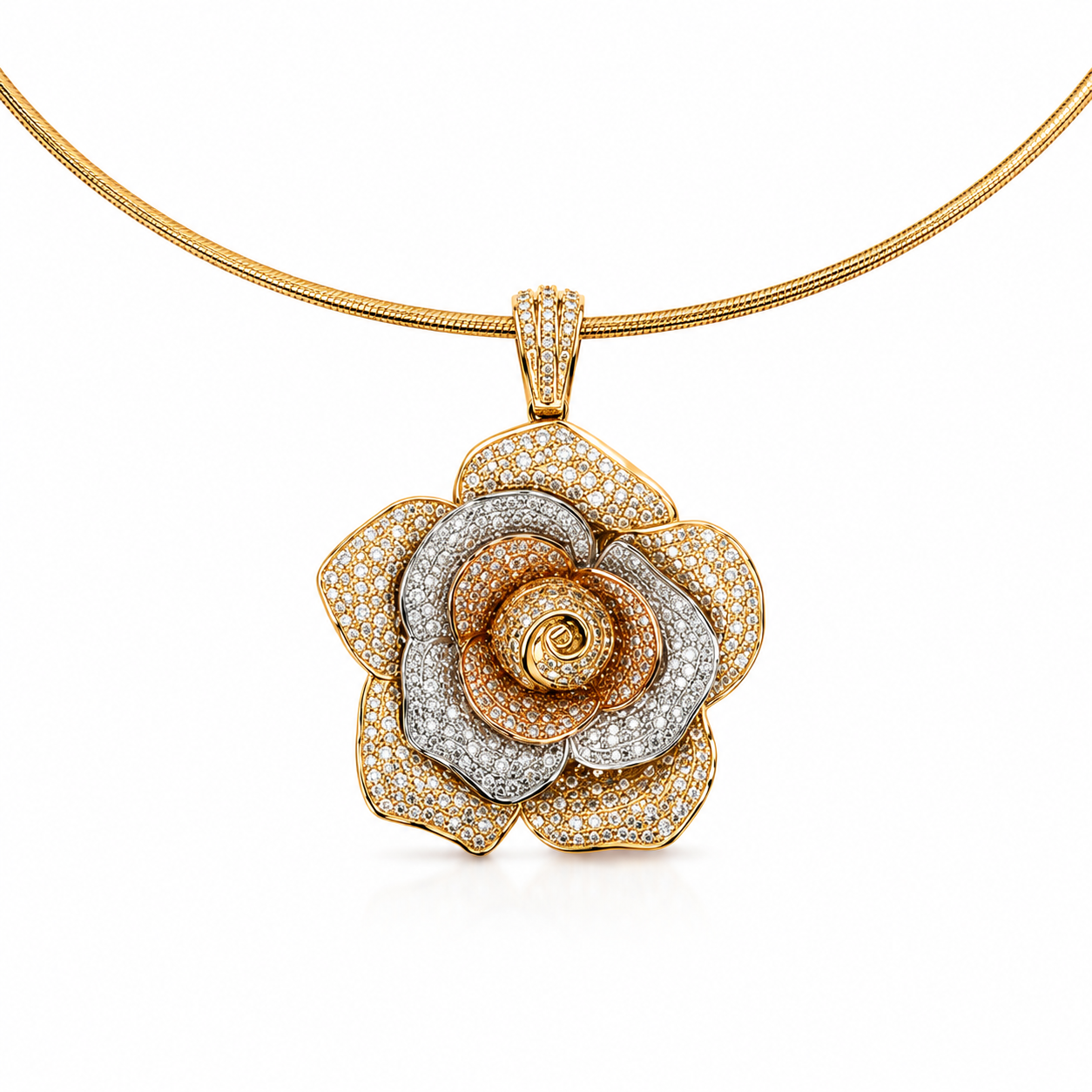 Diamond Pavé Rose Flower Choker Necklace in Yellow Gold