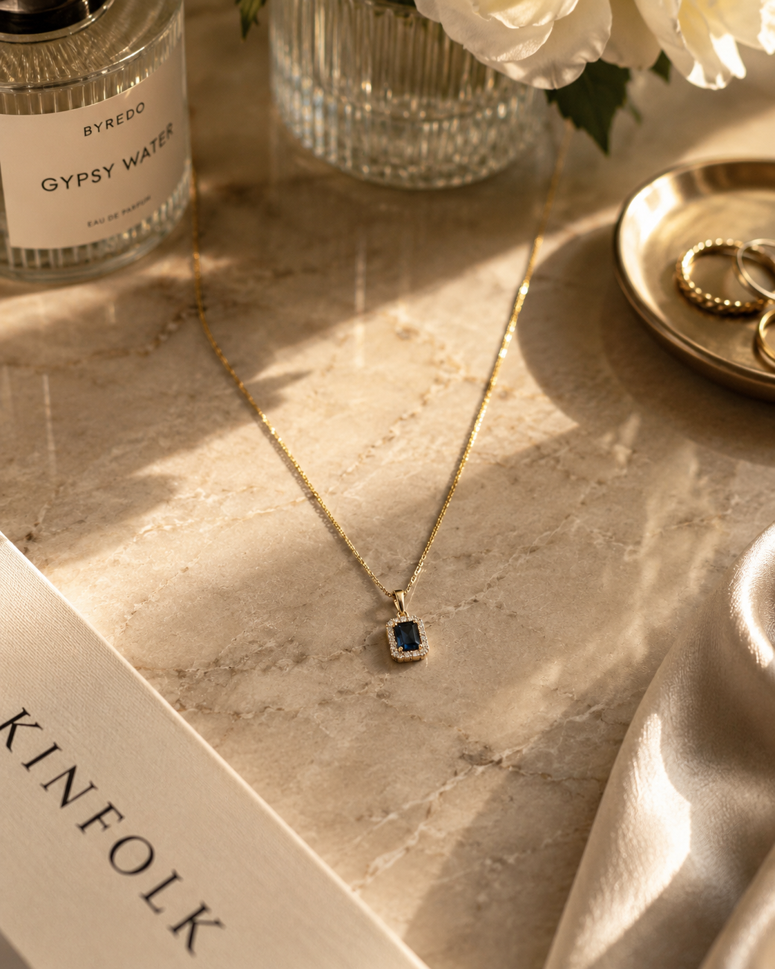 Royal Blue Sapphire Halo Diamond Pendant Necklace — White Gold