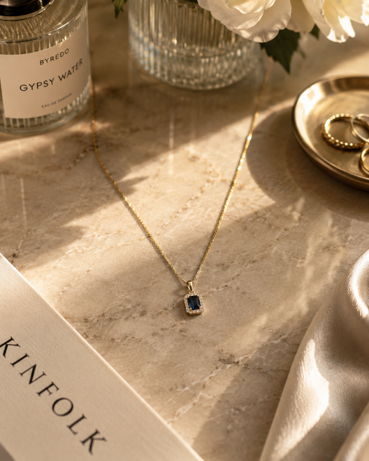 Royal Blue Sapphire Halo Diamond Pendant Necklace — White Gold