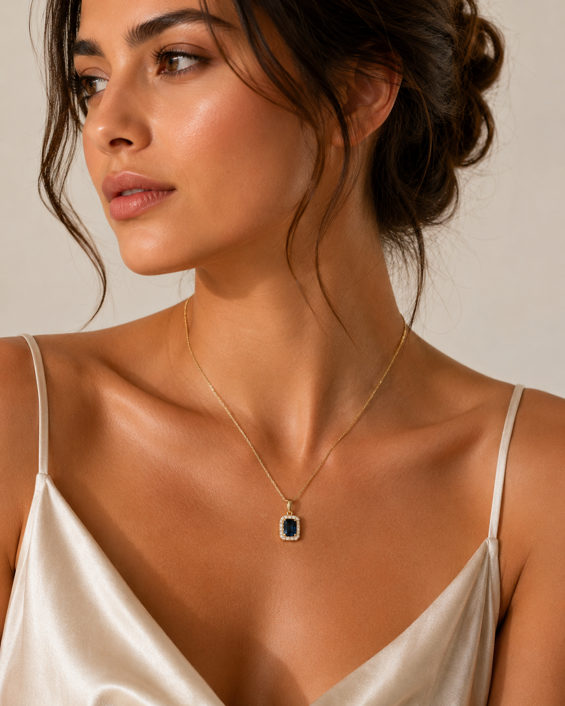 Royal Blue Sapphire Halo Diamond Pendant Necklace — White Gold