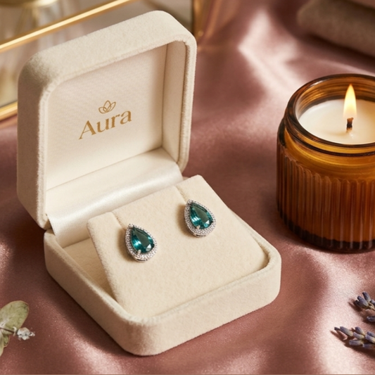 Pear-Cut Peacock Blue Sapphire Halo Studs — White Gold