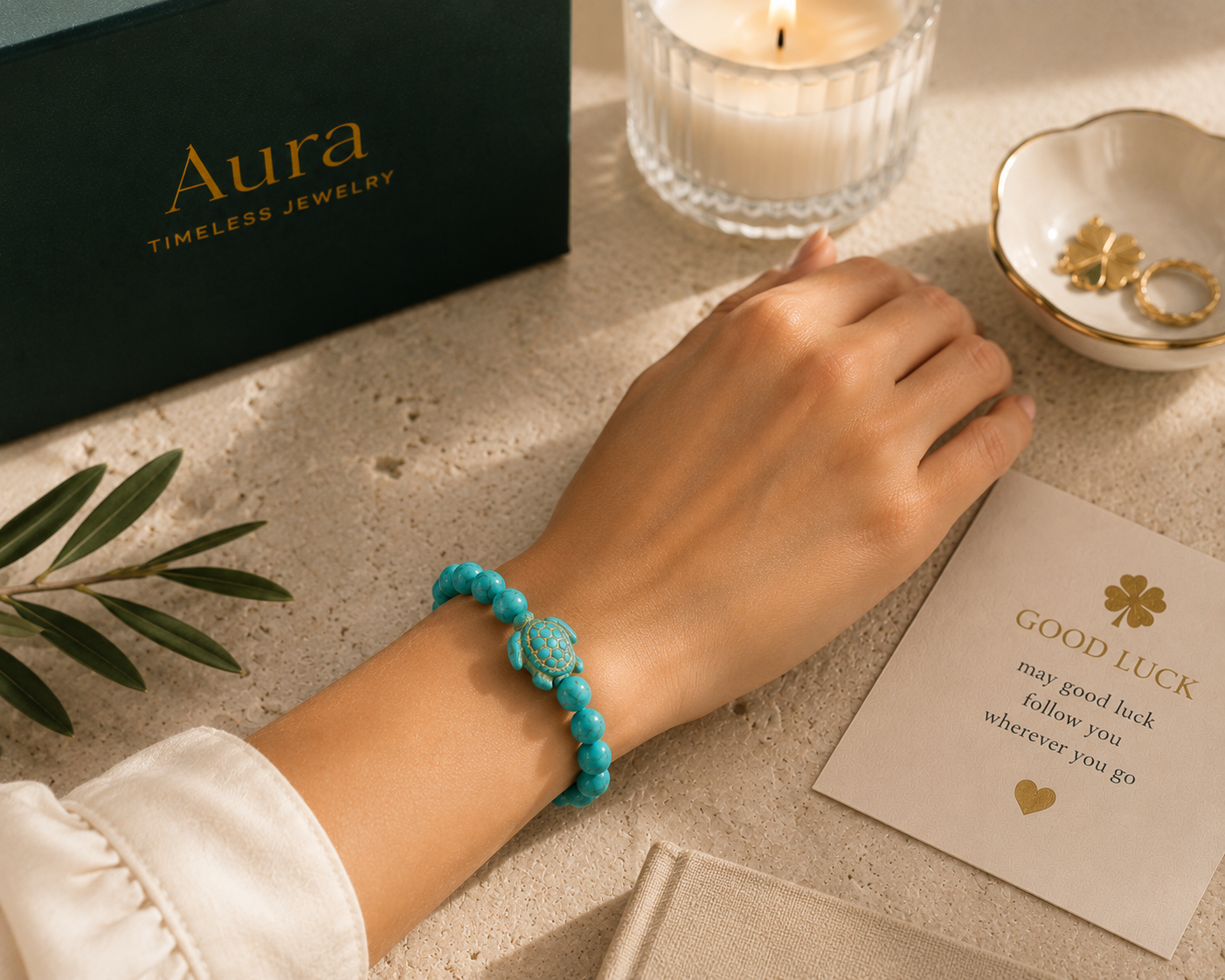 Turquoise Beaded Bracelet with Turtle Accent