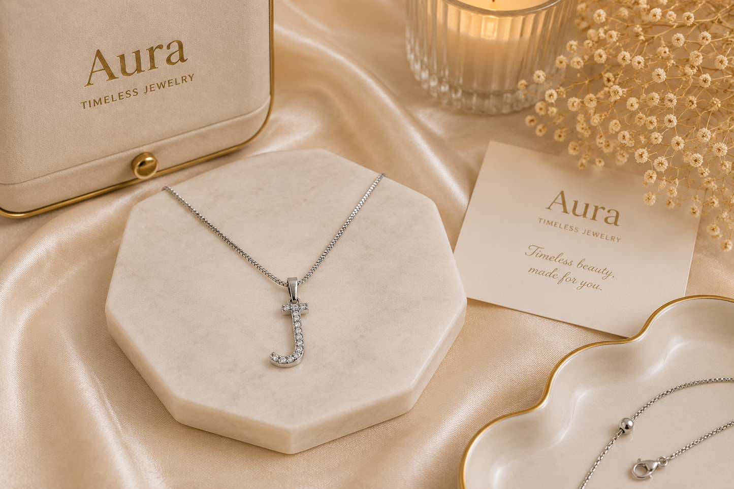 Diamond Initial 'J' Pendant Necklace in White Gold / YE-PG
