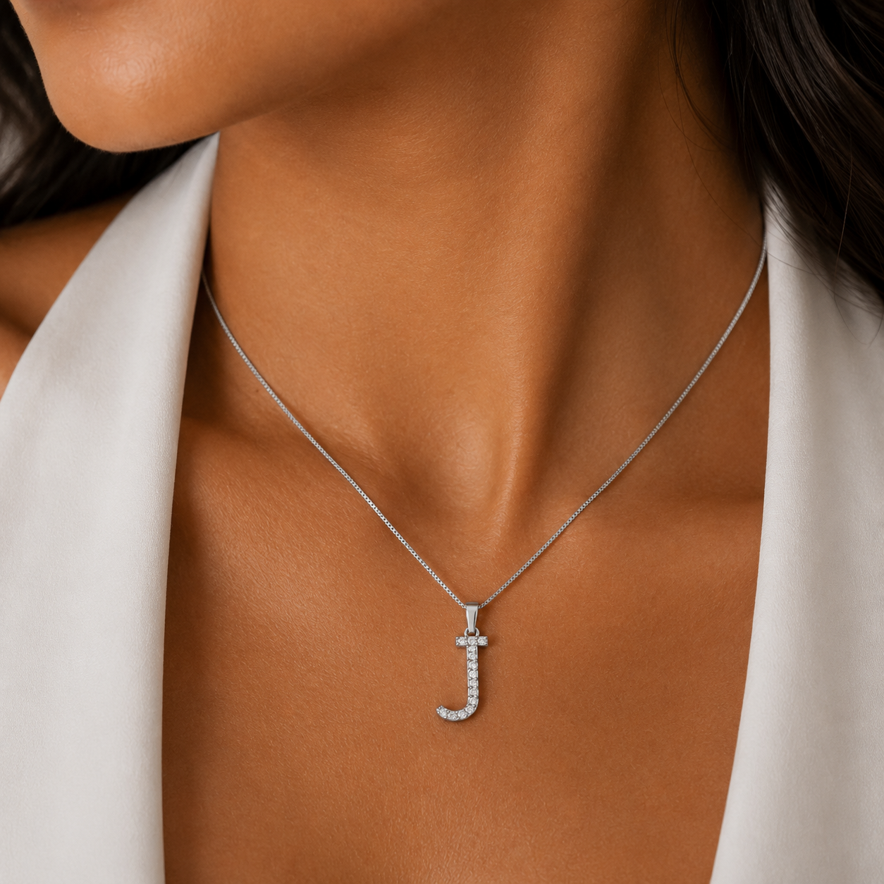 Diamond Initial 'J' Pendant Necklace in White Gold / YE-PG