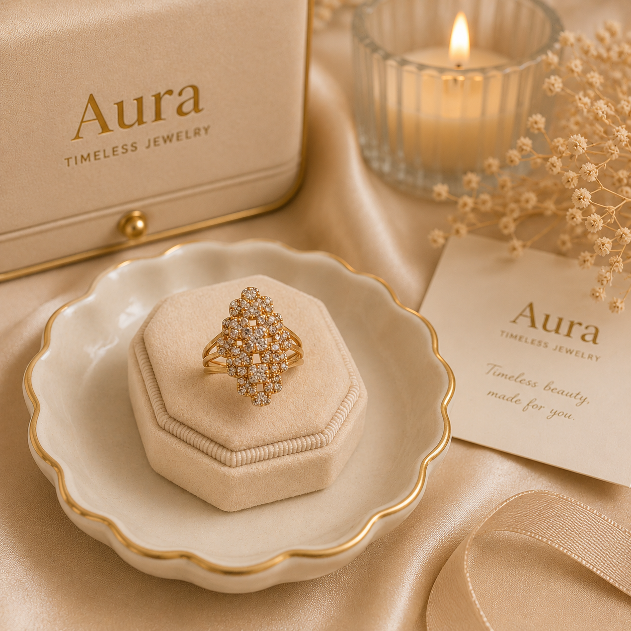 Yellow Gold Diamond Cluster Cocktail Ring with Split Shank / DEN-NNOOU