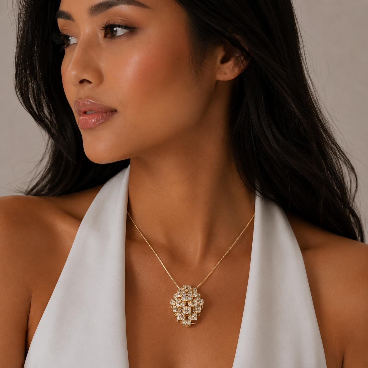 Yellow Gold Tiered Diamond Cluster Pendant Necklace / DEU-NNBRL