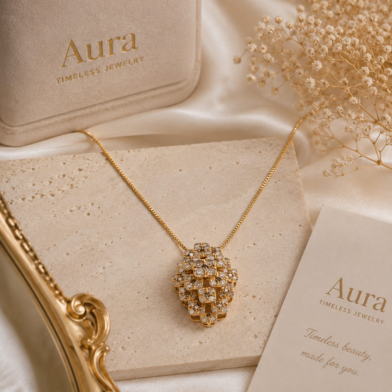 Yellow Gold Tiered Diamond Cluster Pendant Necklace / DEU-NNBRL