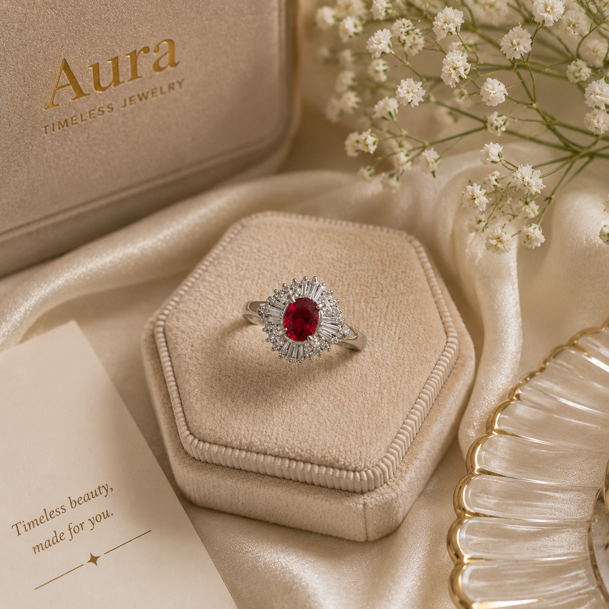 White Gold Oval Ruby Ballerina Cocktail Ring / DEO-NNDEN