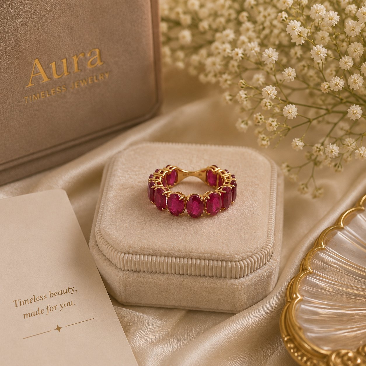 Yellow Gold Oval Red Ruby Eternity Ring / RYL-ADLAL