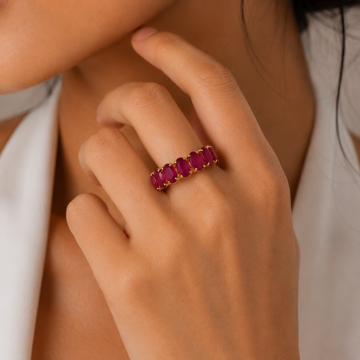 Yellow Gold Oval Red Ruby Eternity Ring / RYL-ADLAL