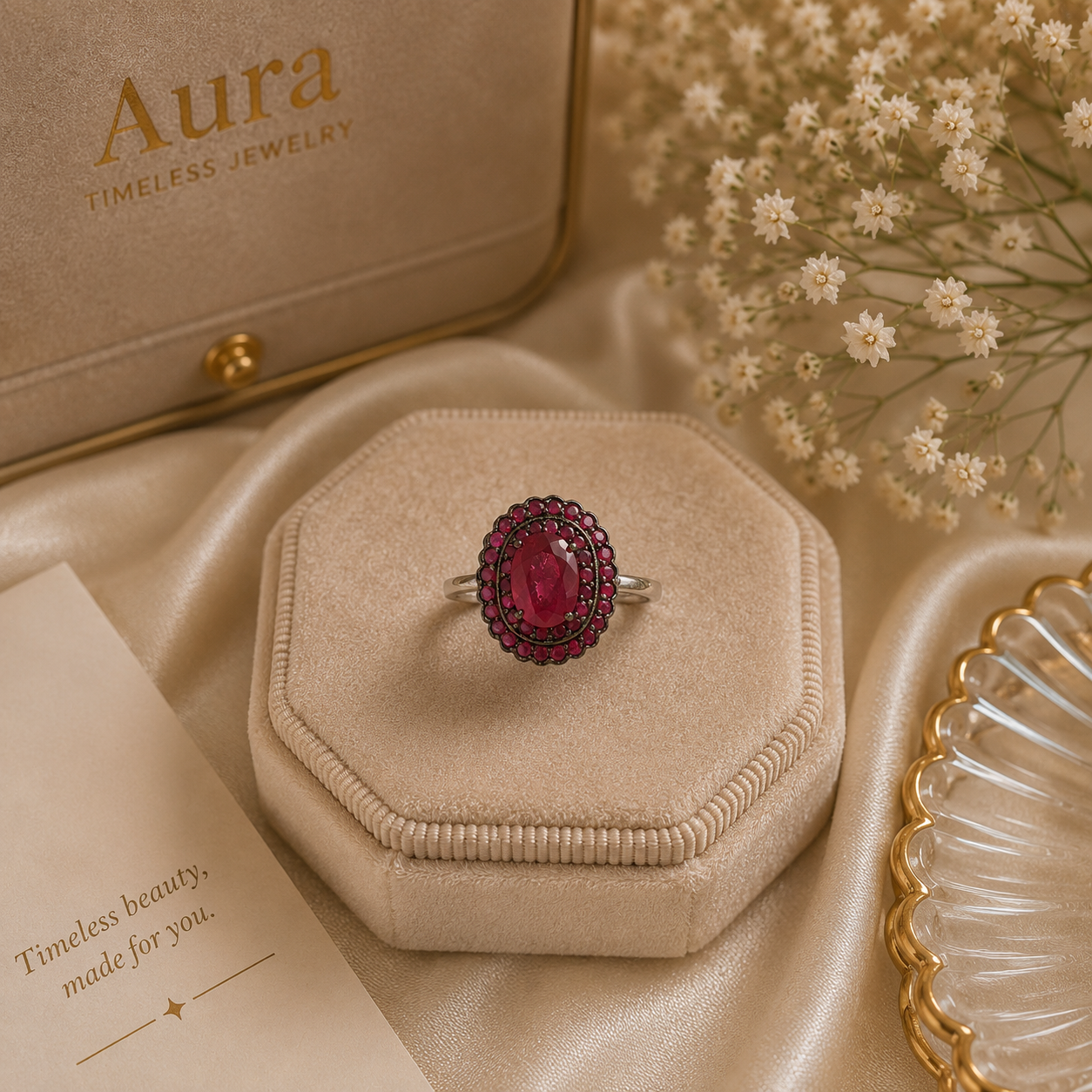 White Gold Oval Ruby Double Halo Cocktail Ring / BEE-NBNNE