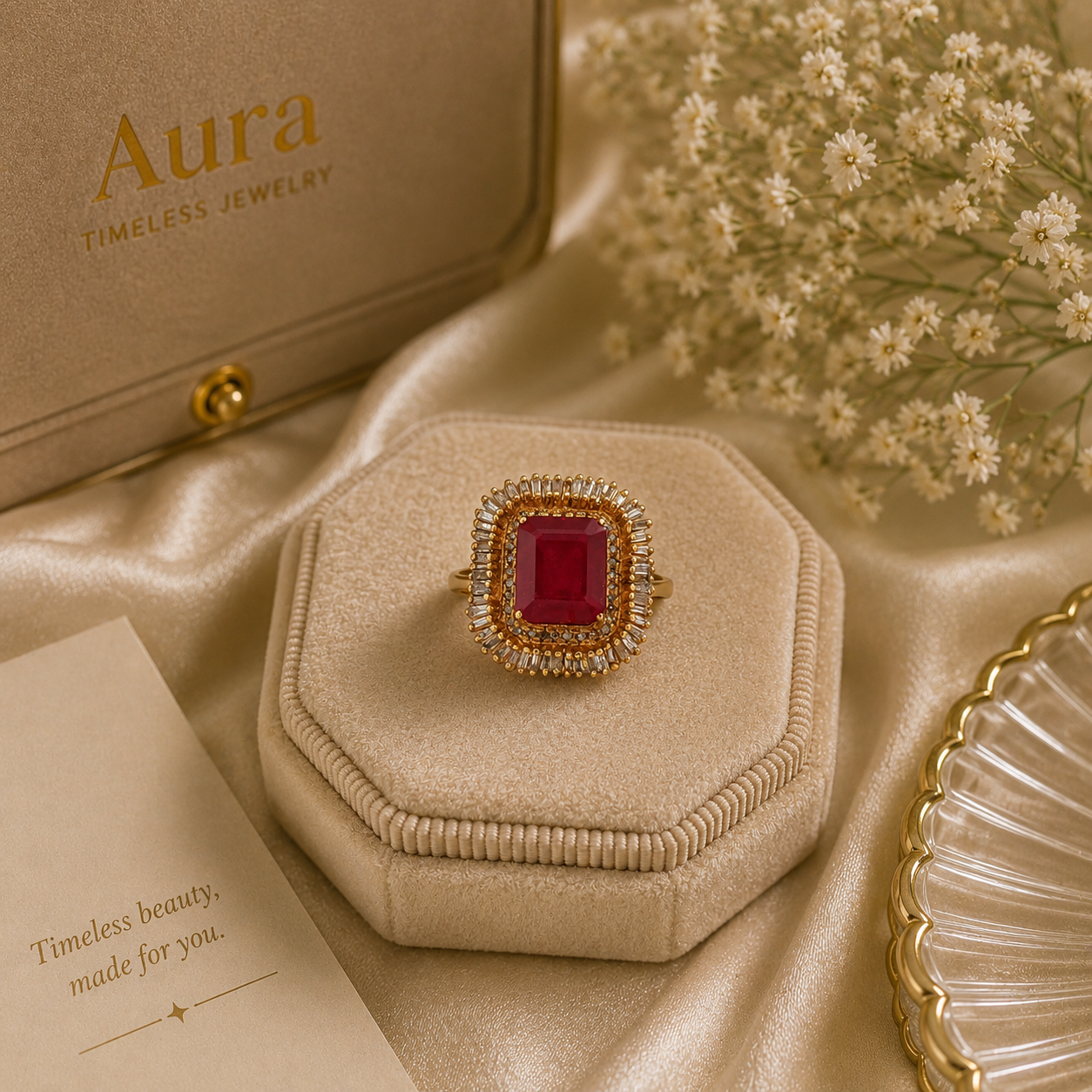 Emerald-Cut Ruby Double Halo Cocktail Ring in Yellow Gold / UNB-OBEOL