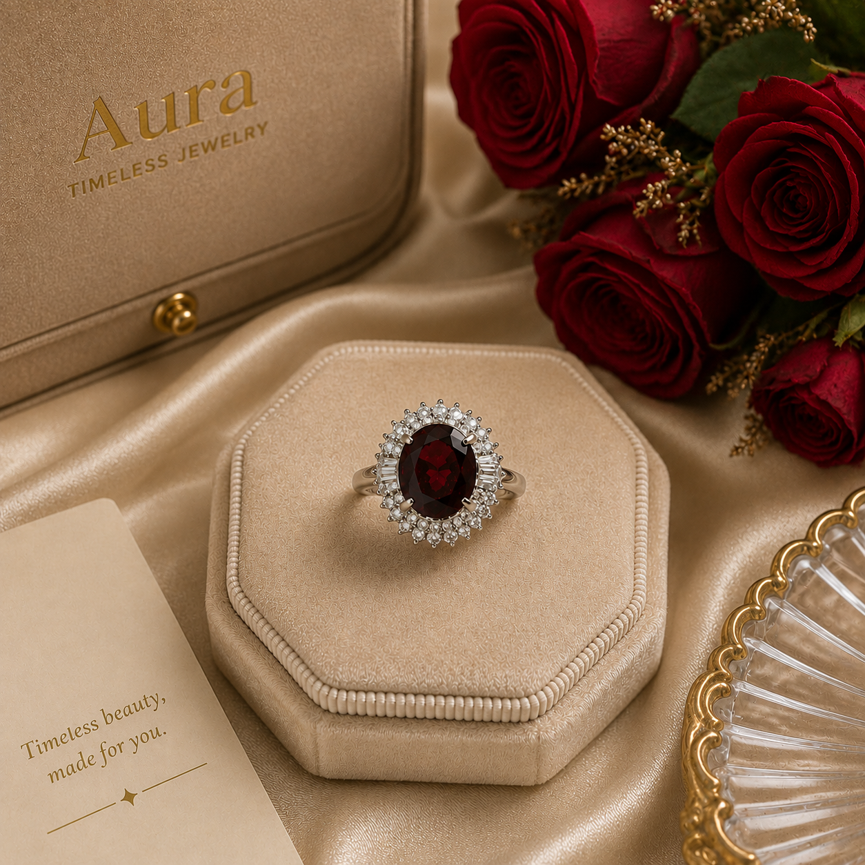 Deep Red Ruby Halo Cocktail Ring in White Gold / DEU-NNBRL