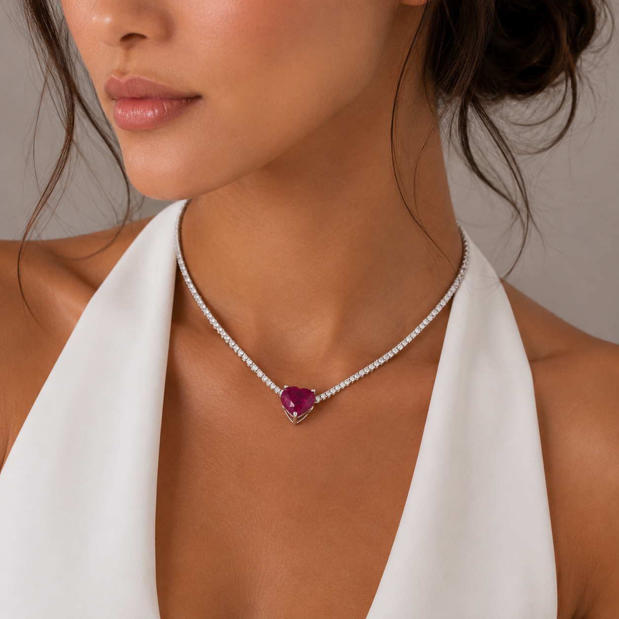 Heart-Shaped Ruby and Diamond Tennis Necklace in White Gold / AURE-AEEEEE