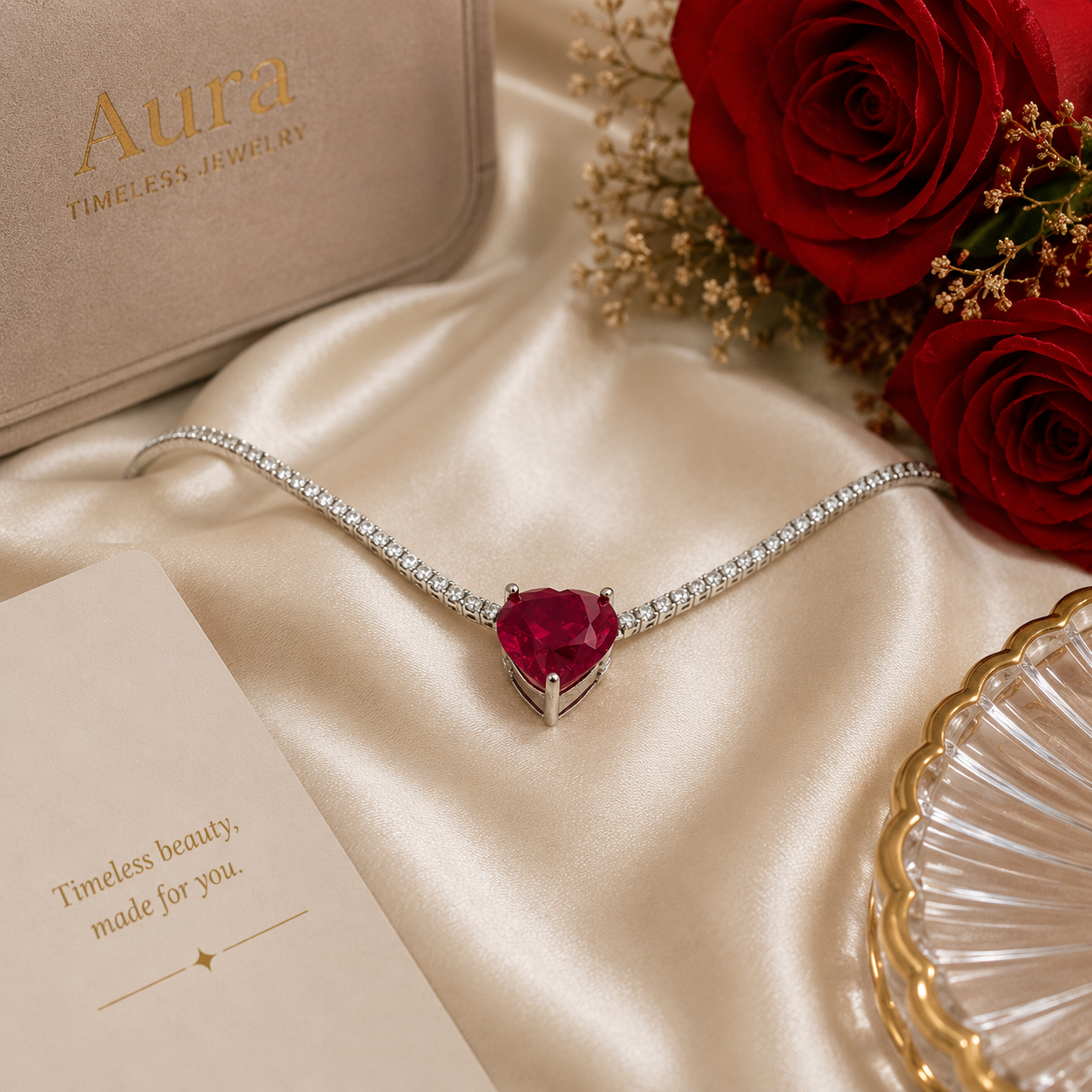 Heart-Shaped Ruby and Diamond Tennis Necklace in White Gold / AURE-AEEEEE