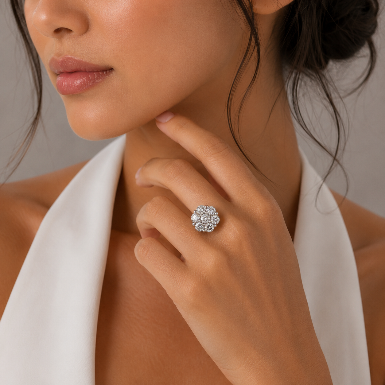 Fancy Brown Diamond Floral Cluster Cocktail Ring in White Gold / OOBL-RLLEEE
