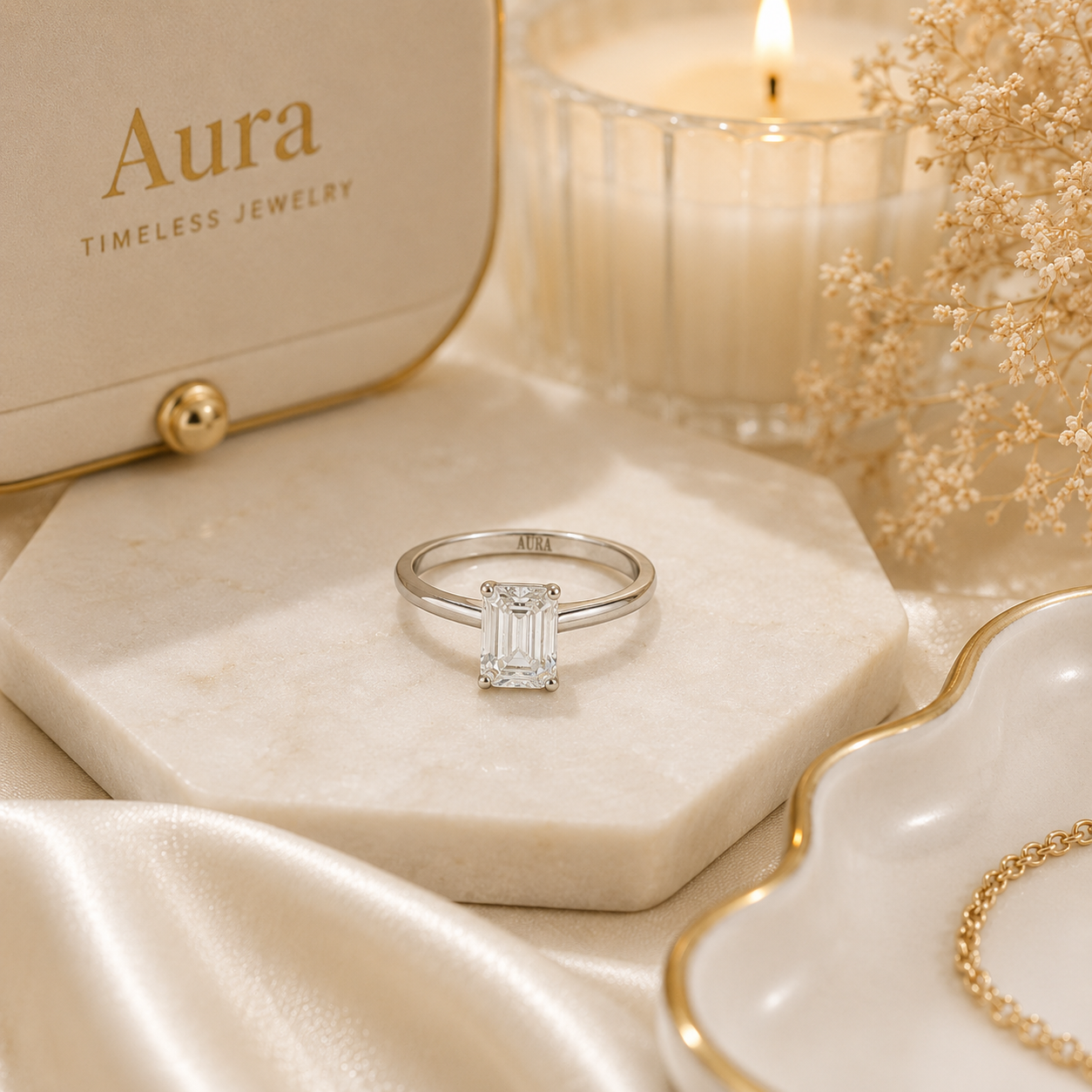 Emerald-Cut Diamond Solitaire Ring in White Gold / OEO-RNURE