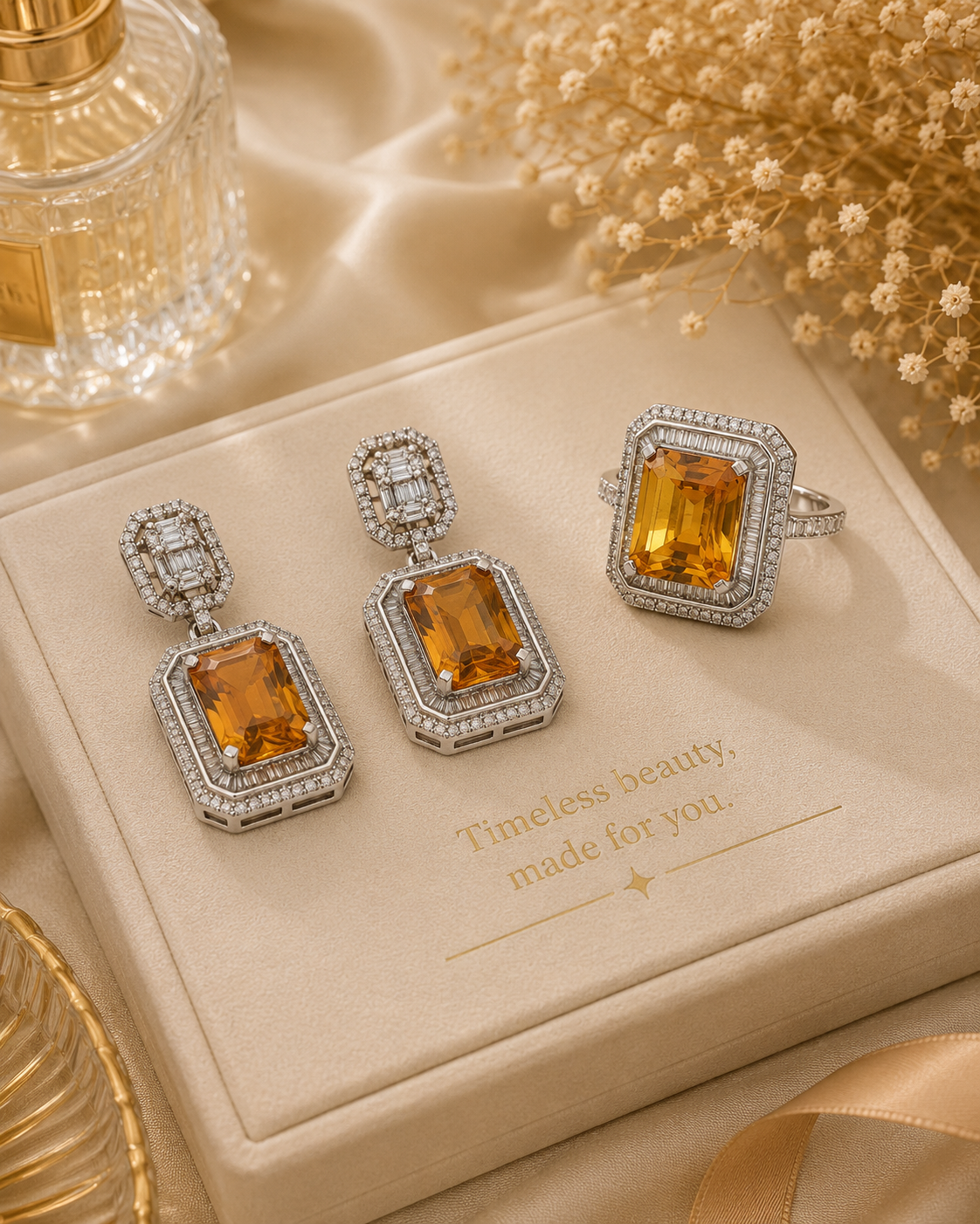 Citrine Double Halo Drop Earrings in White Gold / AUAE-AELEEE