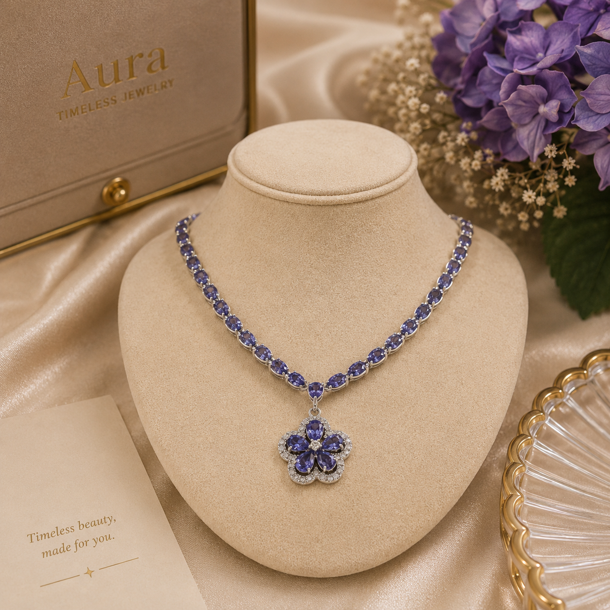 Tanzanite Flower Pendant Necklace in White Gold / RNOL-ANOURL