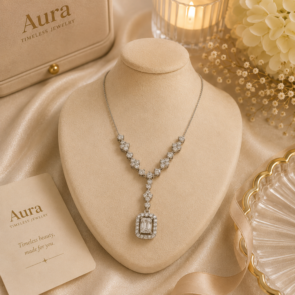 Diamond Y-Drop Halo Pendant Necklace in White Gold / YAE-OYYEE