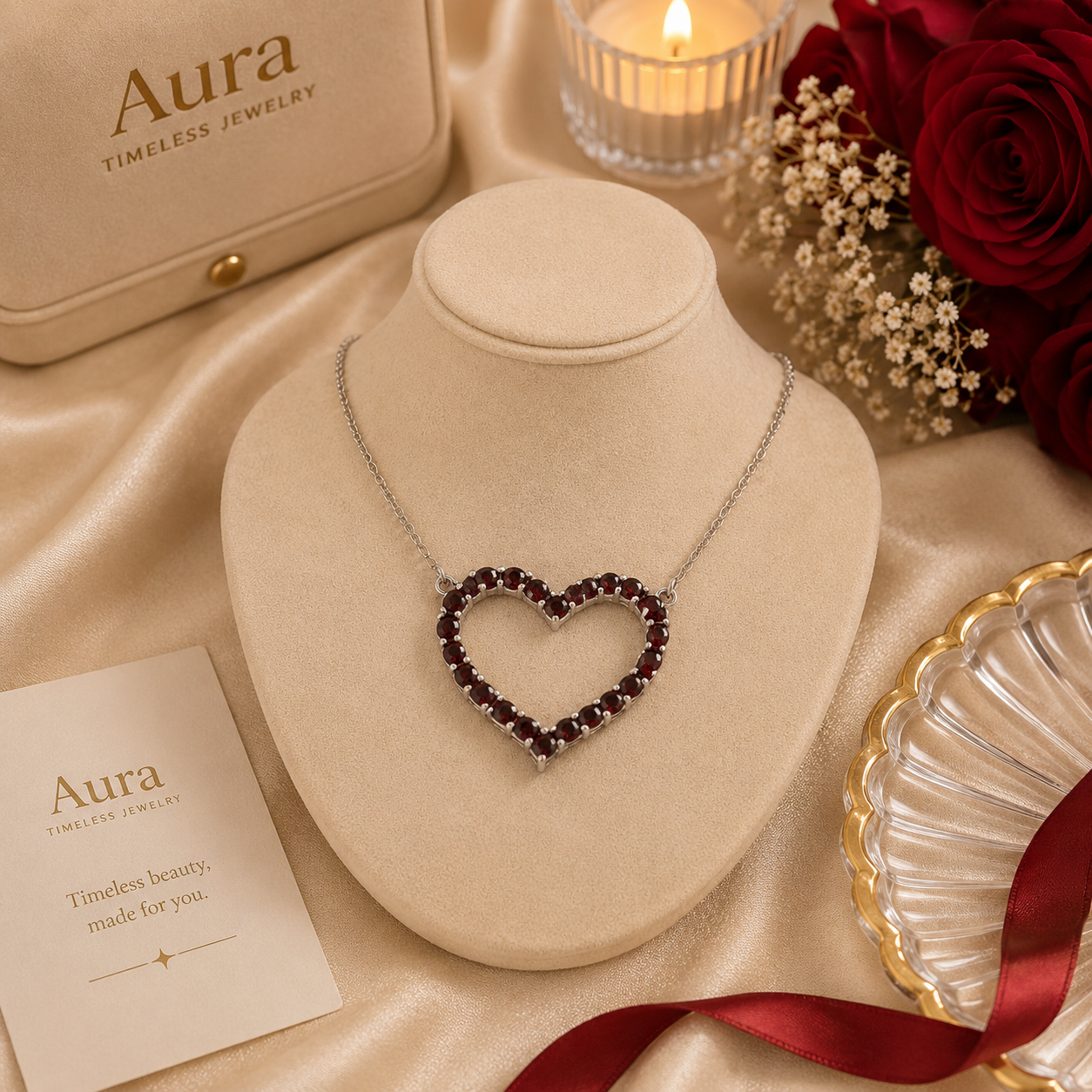 Garnet Open Heart Charm Necklace in White Gold / NLE-RERLE