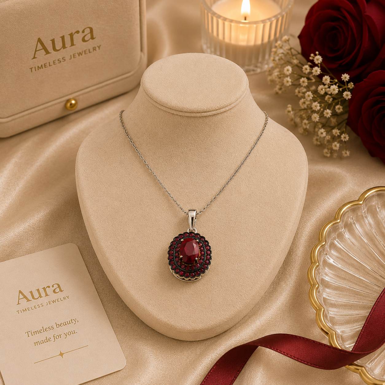 Oval Ruby Double Halo Pendant Necklace in White Gold / NEO-ABUOE