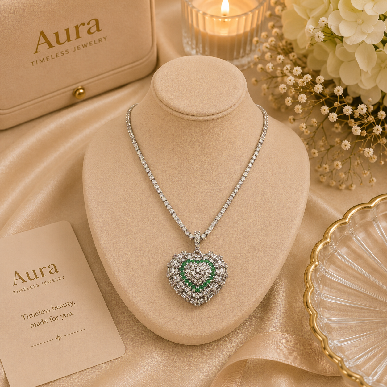 White Gold Emerald Heart Pendant Necklace / NUU-RRLEE