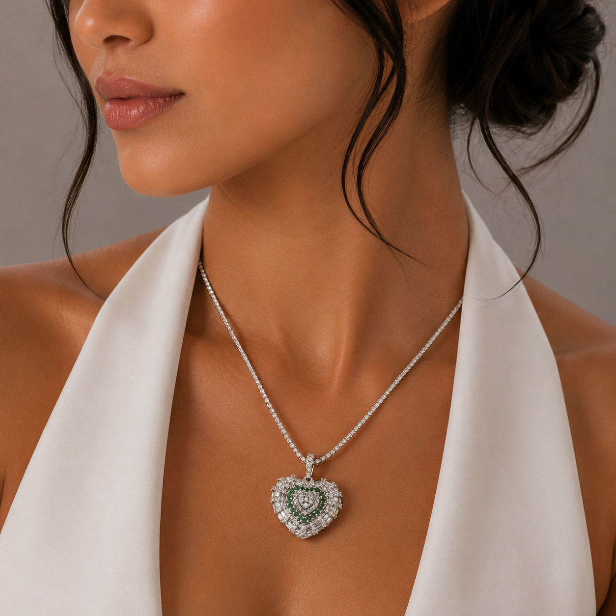White Gold Emerald Heart Pendant Necklace / NUU-RRLEE
