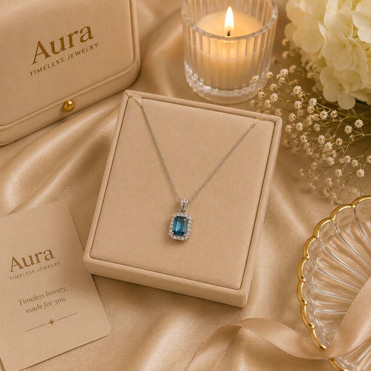 Rectangular Blue Topaz Halo Pendant in White Gold / NLR-REAEE