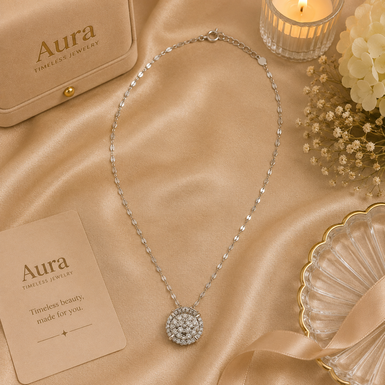Diamond Cluster Pendant Necklace in White Gold / OND-ROABL