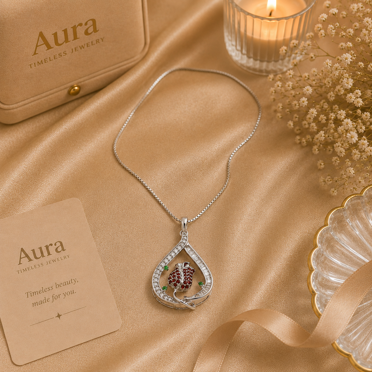 White Gold Ruby Rose Teardrop Charm Necklace / LOL-NRNN