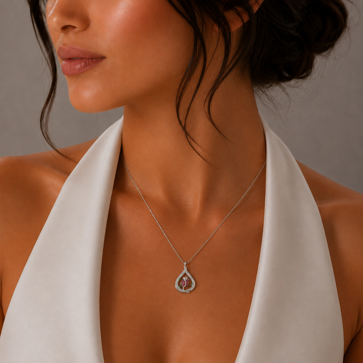White Gold Ruby Rose Teardrop Charm Necklace / LOL-NRNN