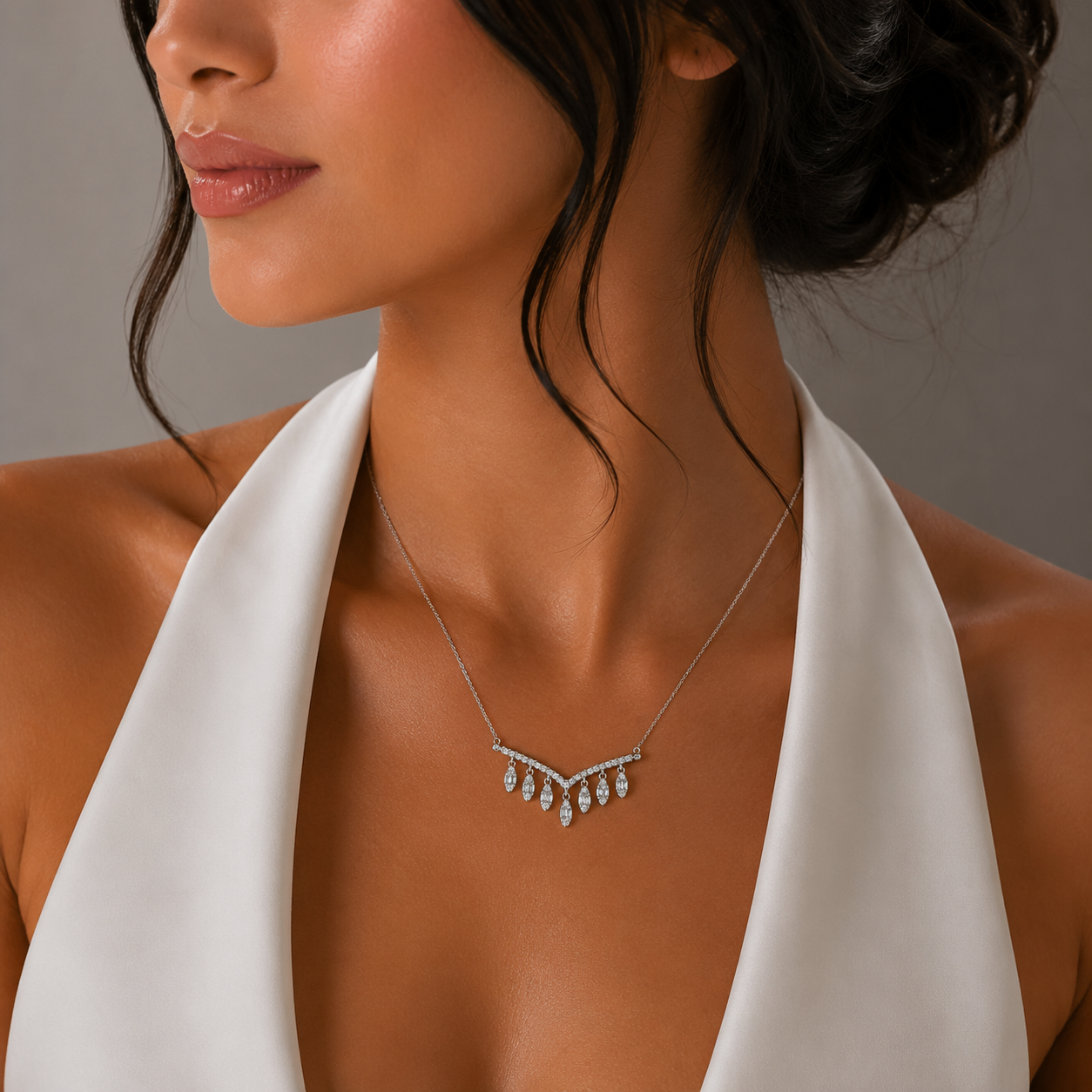 White Gold Diamond Chevron Fringe Necklace / RDR-AOREE