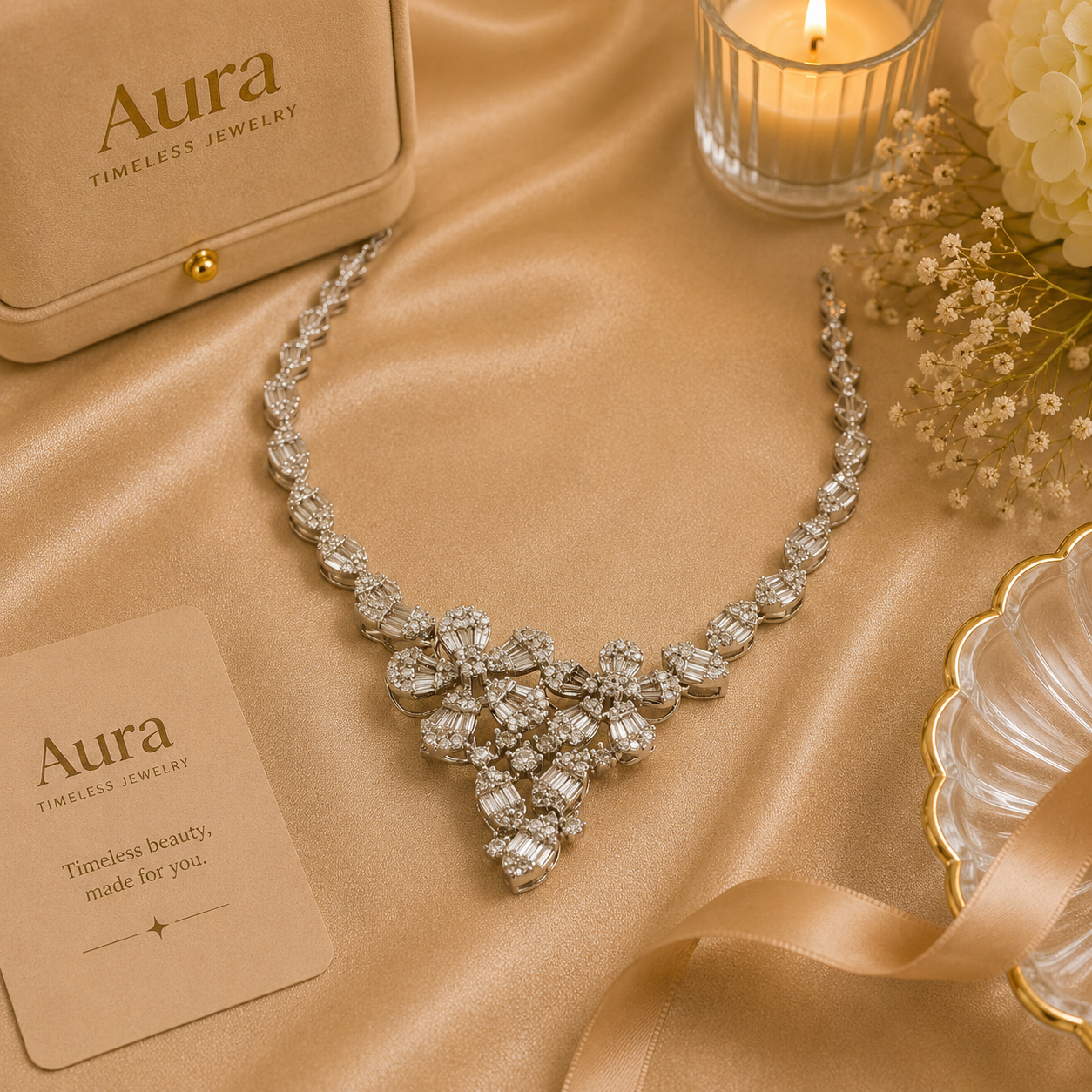White Gold Diamond Floral Motif Necklace / AABL-DUEEE