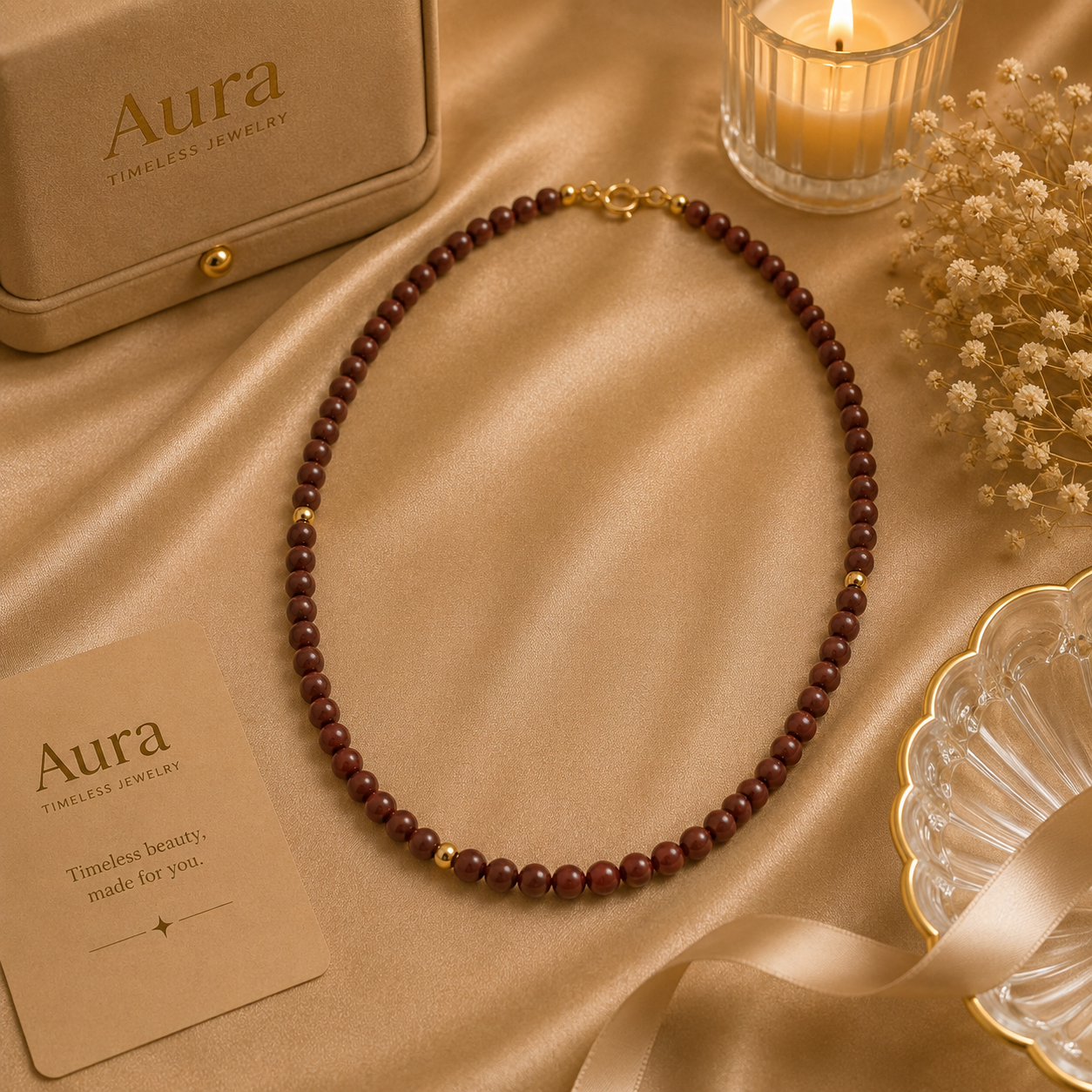 Round Garnet Beaded Necklace with Yellow Gold Accents / ABA-AEEOU