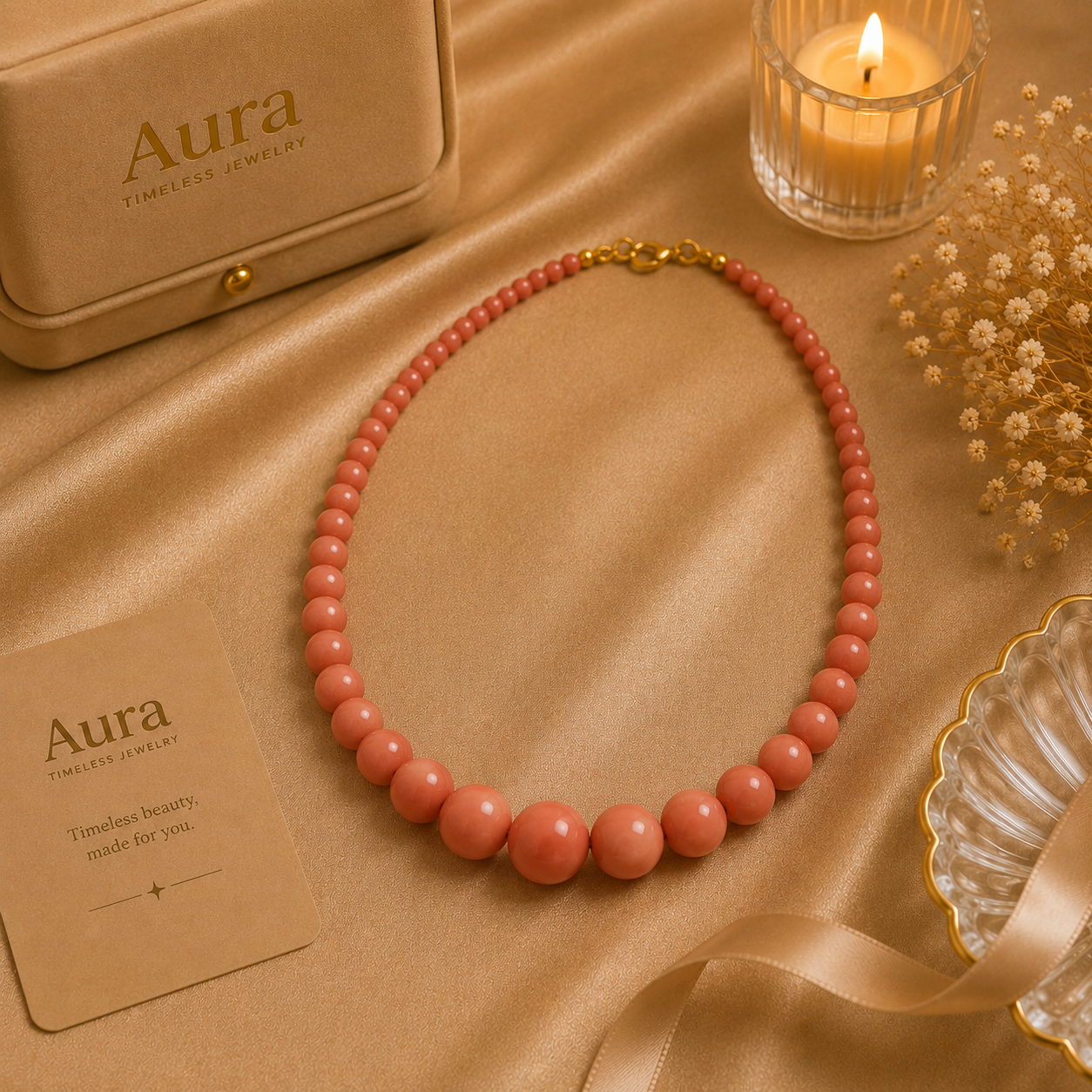 Graduated Salmon Pink Coral Beaded Necklace / AYD-AAREE