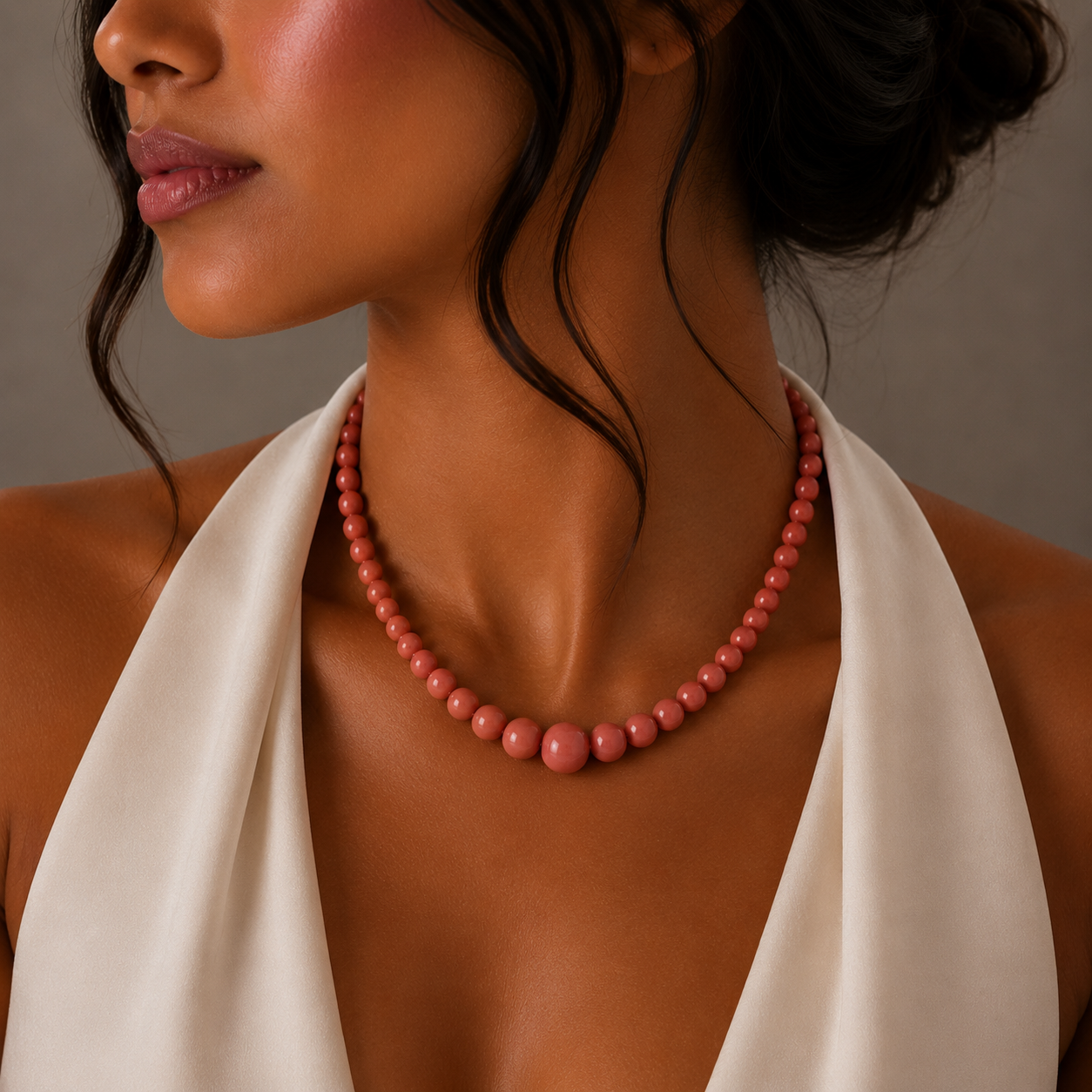 Graduated Salmon Pink Coral Beaded Necklace / AYD-AAREE