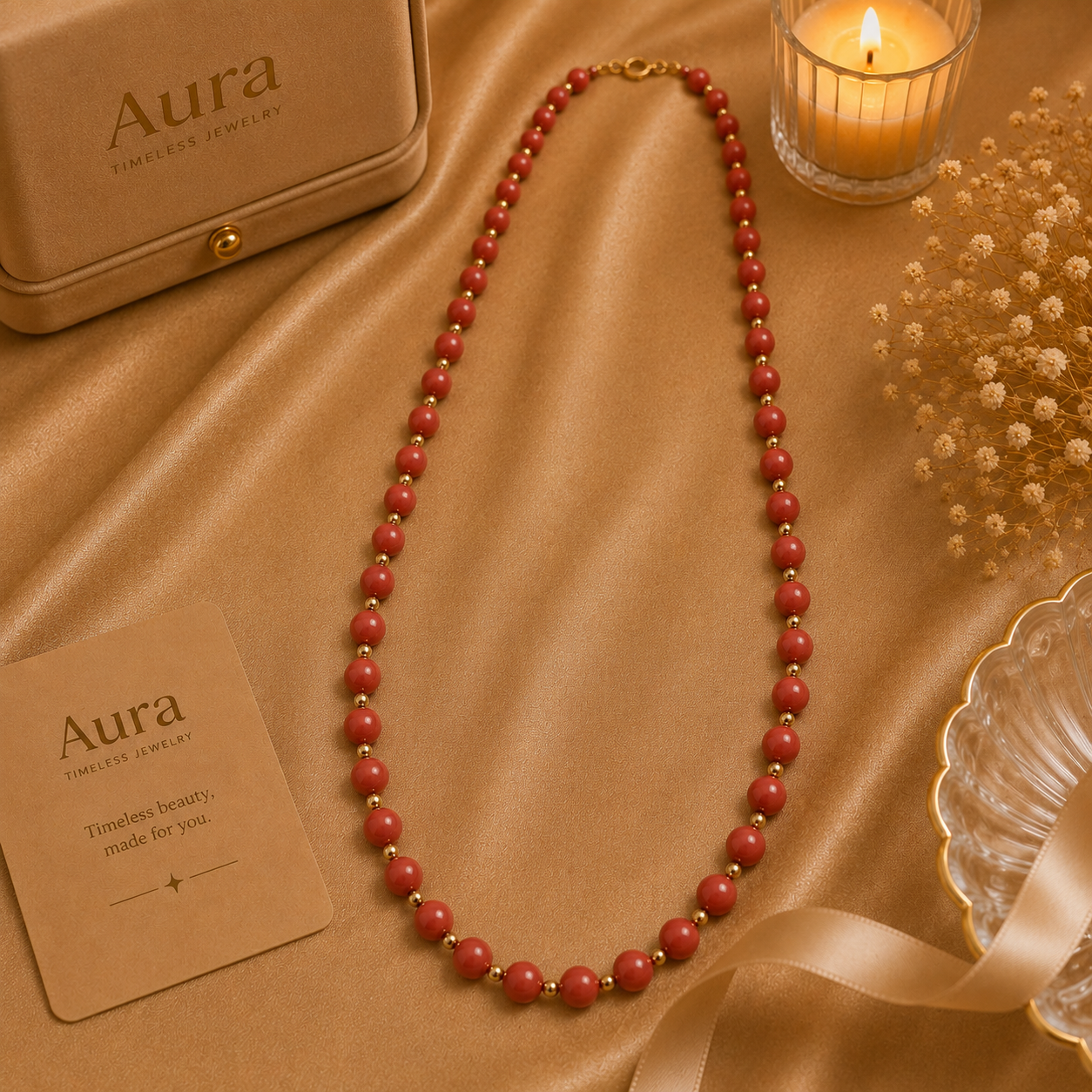Red Coral Beaded Necklace with Yellow Gold Spacers / YUR-LUEEE