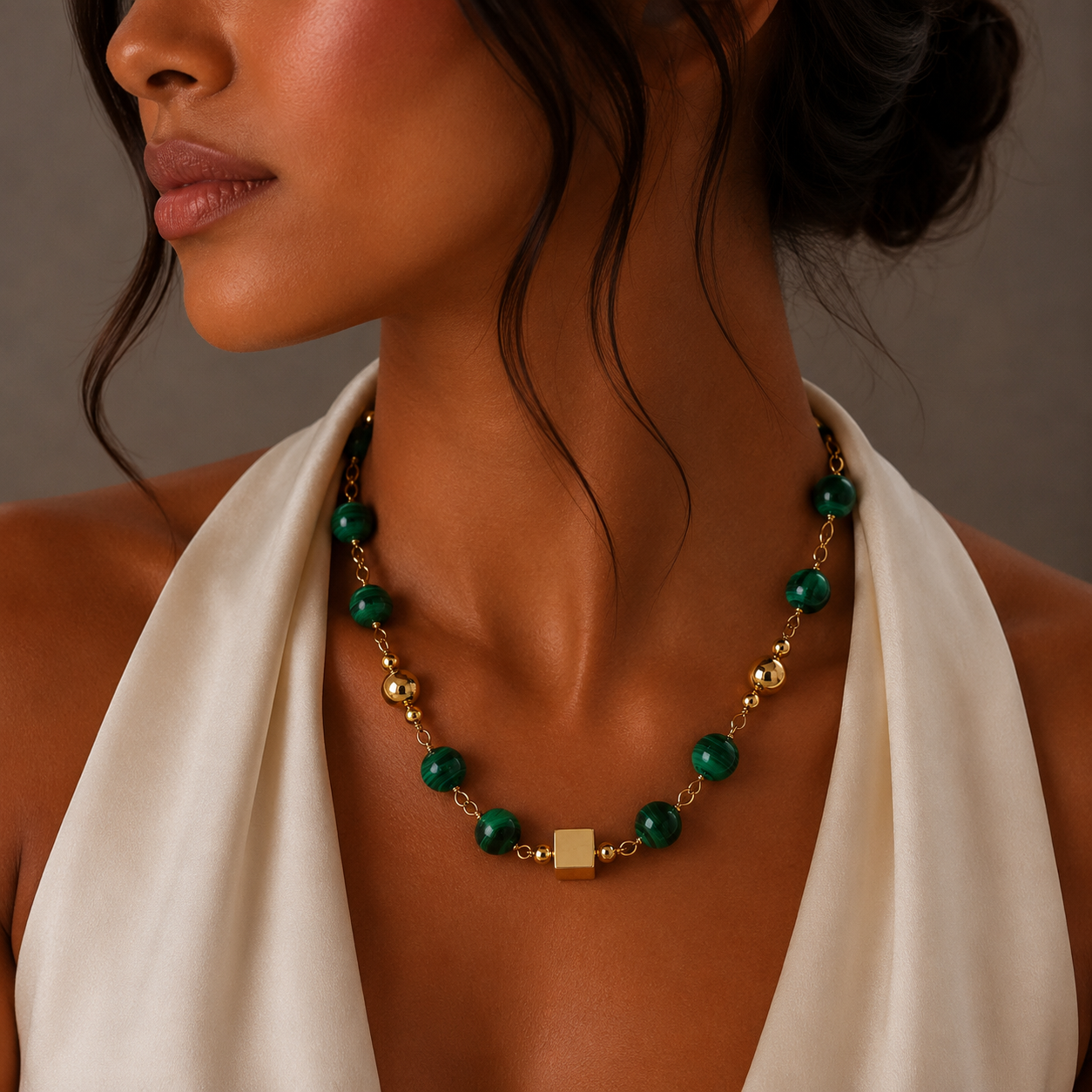 Yellow Gold Malachite Beaded Necklace with Cube Accent / ANLU-BBORE