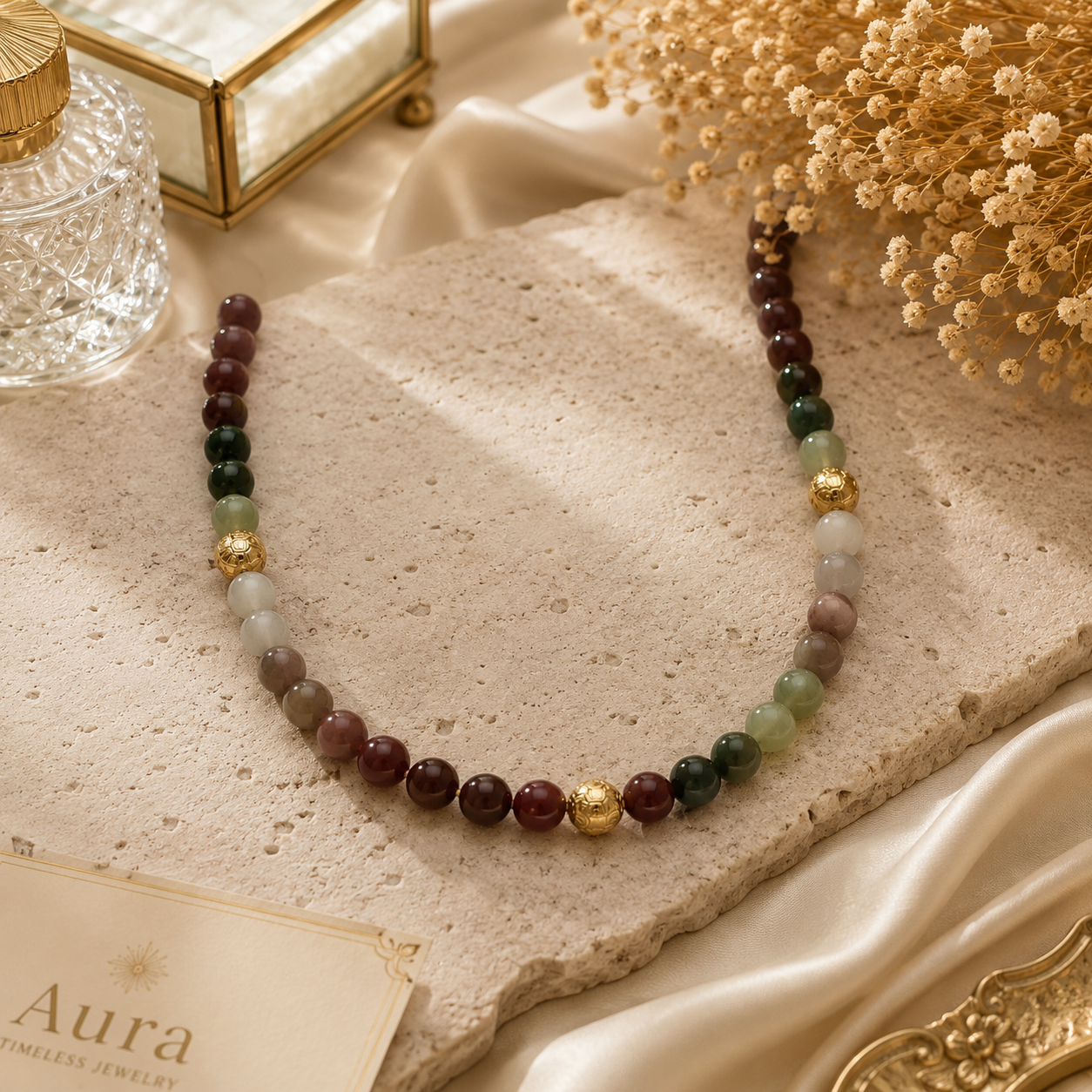 Multi-Color Jade Beaded Necklace with Yellow Gold Accents / RNE-ANLRE