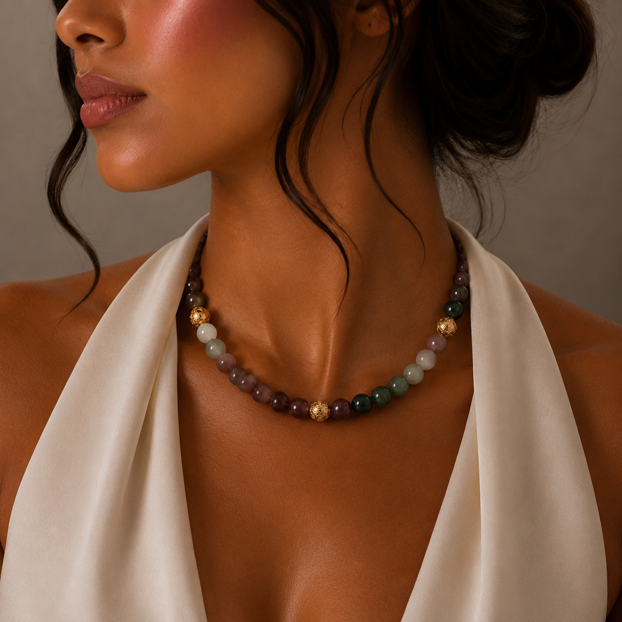 Multi-Color Jade Beaded Necklace with Yellow Gold Accents / RNE-ANLRE