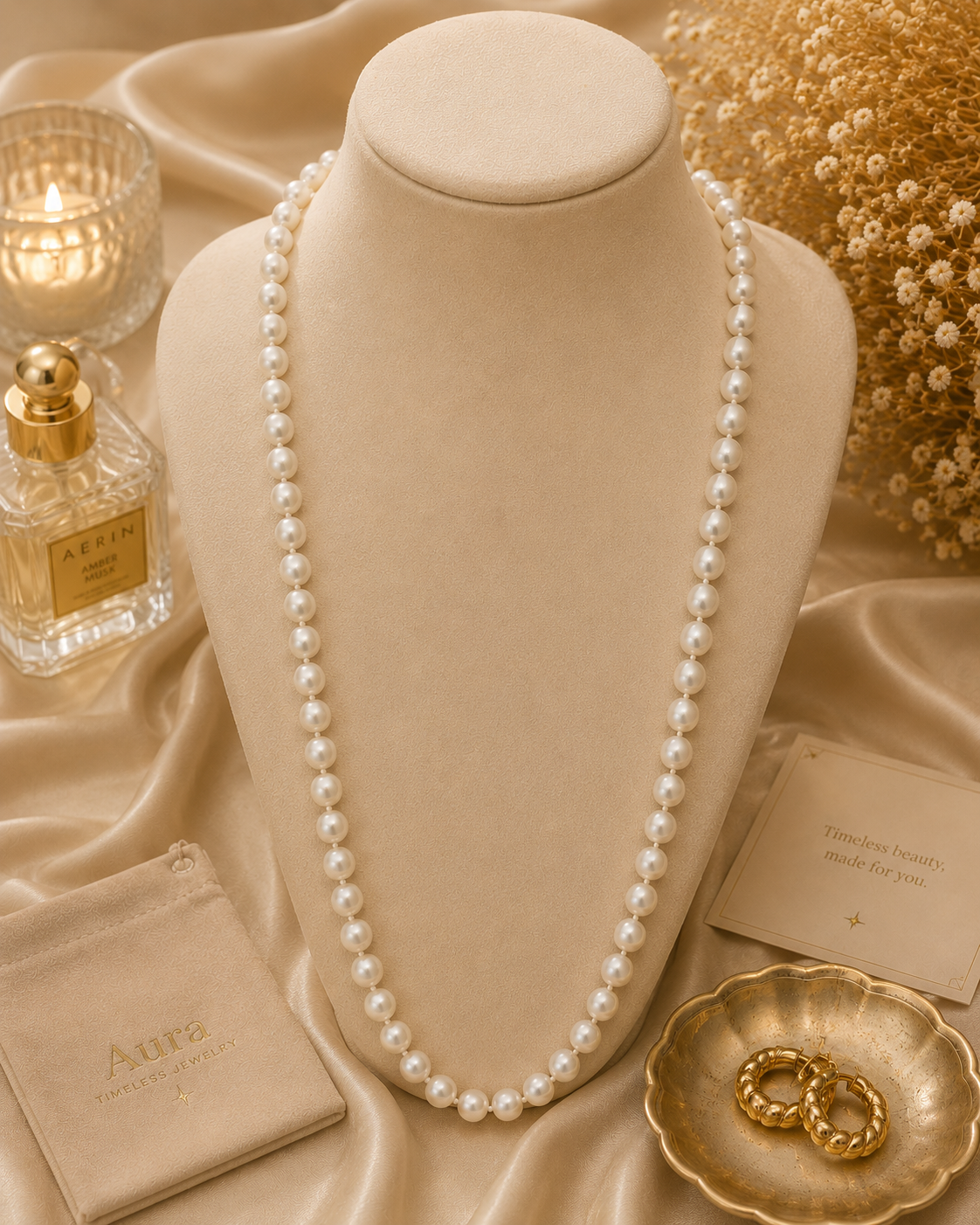 Yellow Gold Pearl Necklace with Heart Clasp / DEEEE