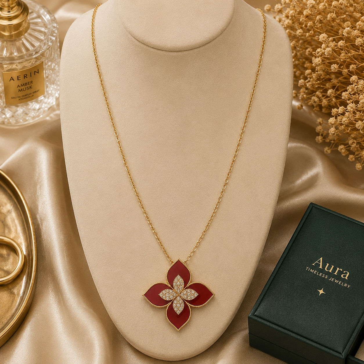 Rose Gold Red Ruby Floral Charm Necklace / DNL-NDEDE N24575-0924