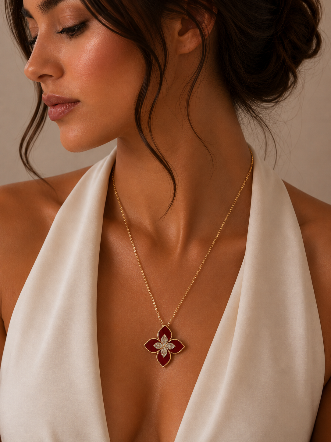 Rose Gold Red Ruby Floral Charm Necklace / DNL-NDEDE N24575-0924
