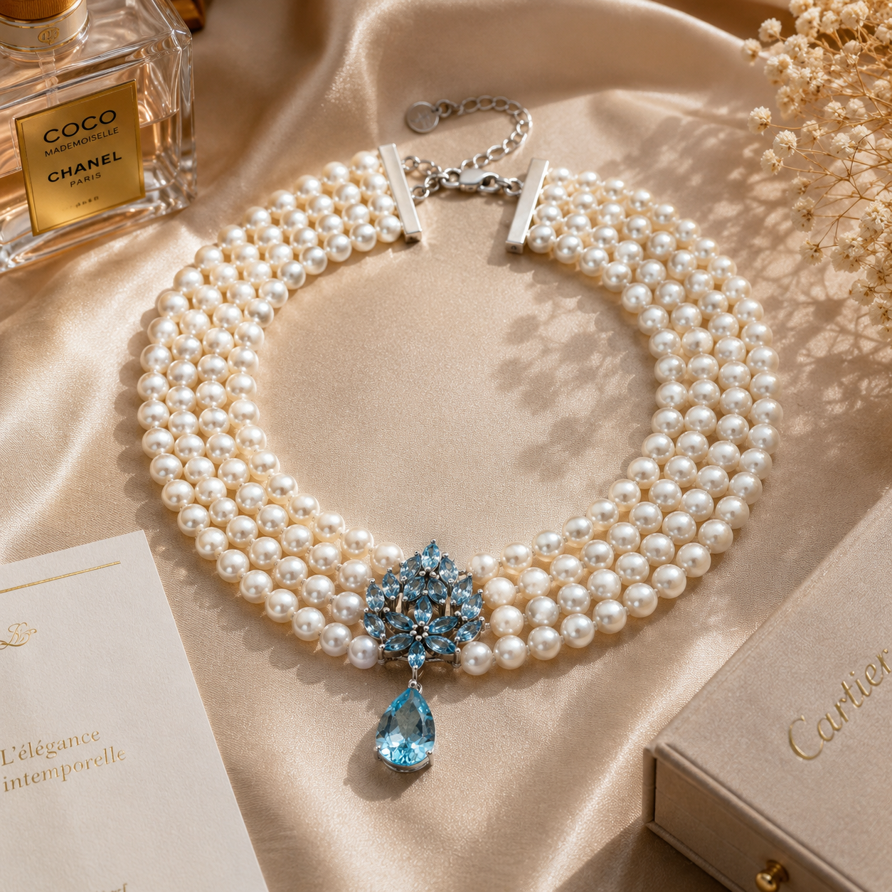White Gold Three-Strand Pearl and Blue Gemstone Necklace / AOYR-UNEEE N24638-1013
